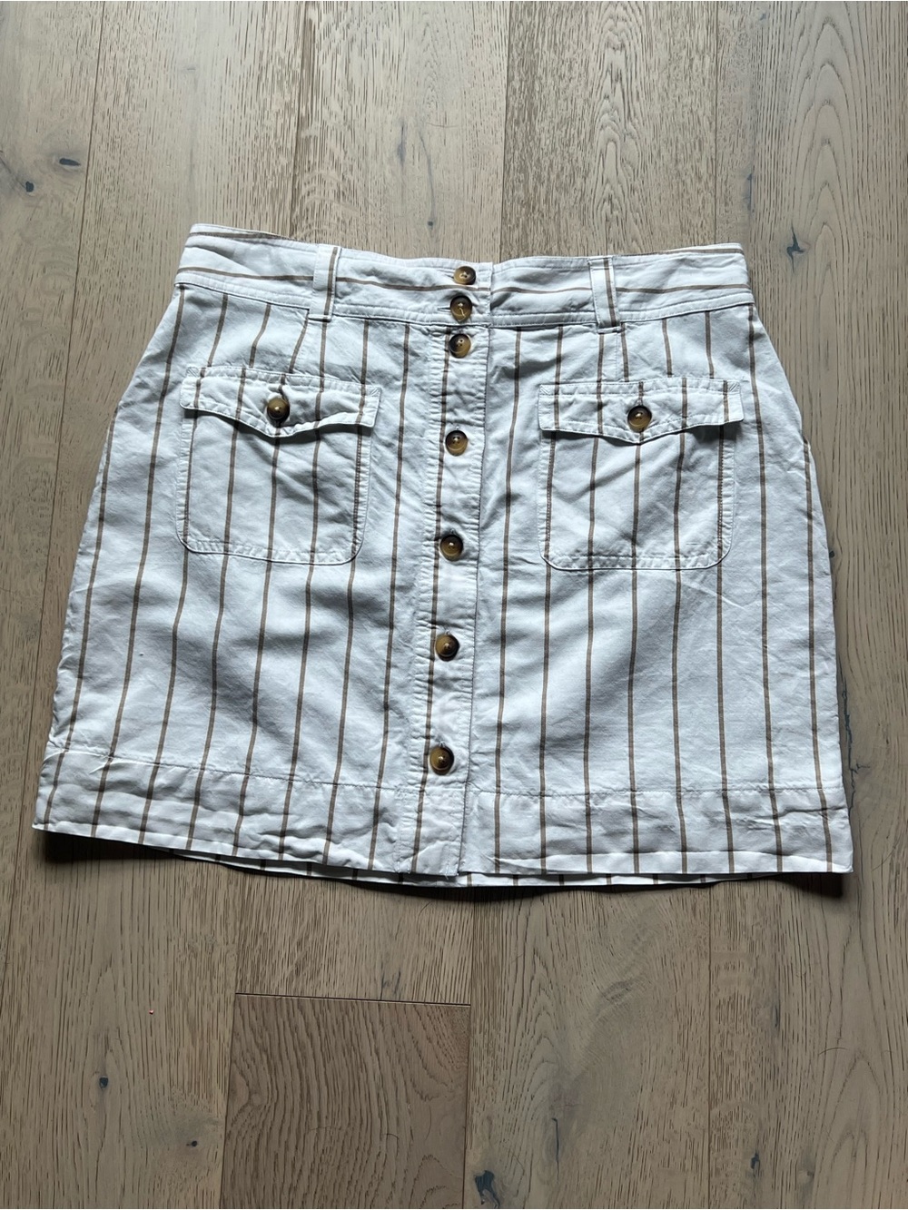 Cotton and Linen Button-Front Cotton Mini Skirt - White with Brown Stripes